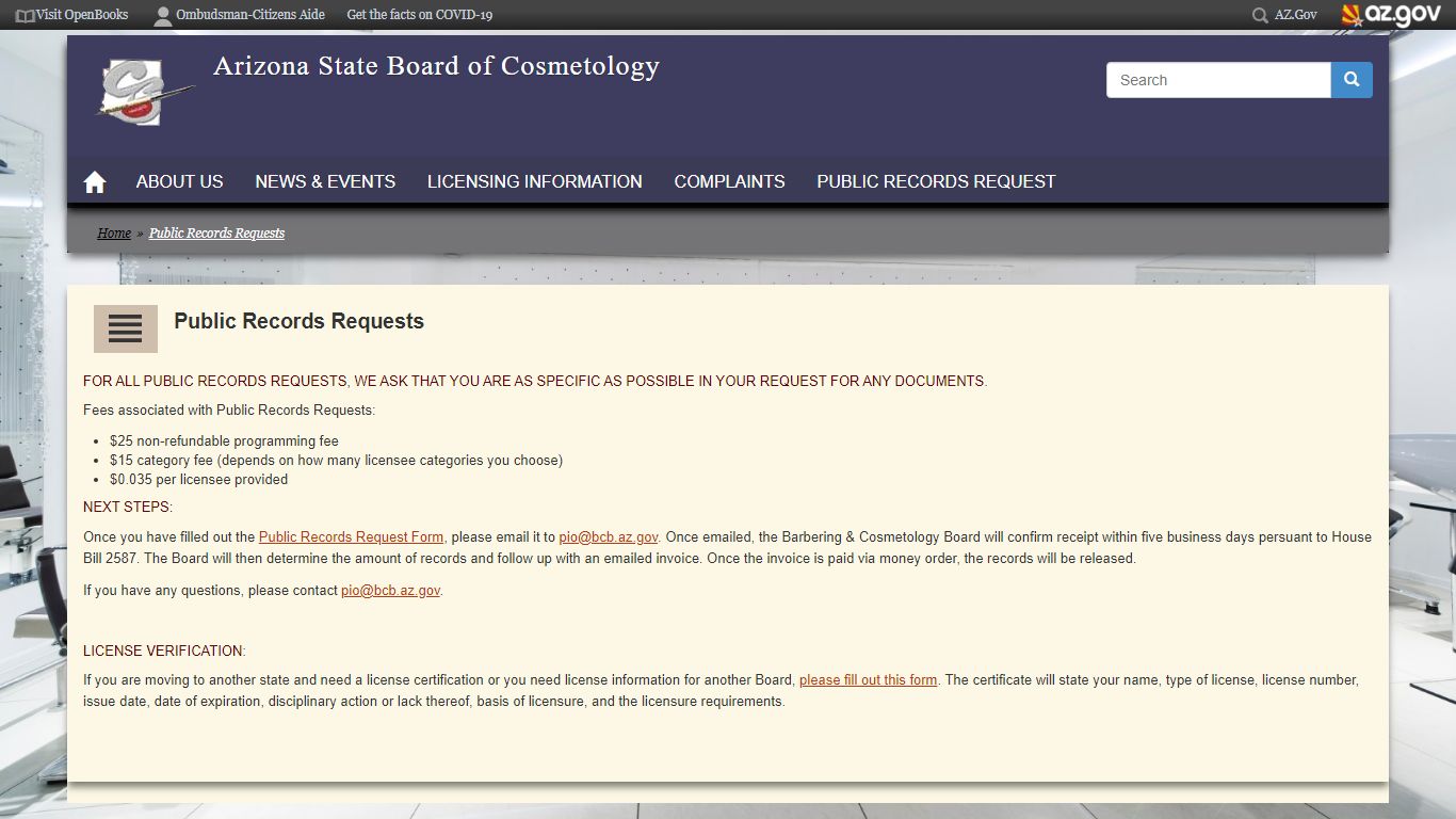 Public Records Requests | Arizona State Board of Cosmetology